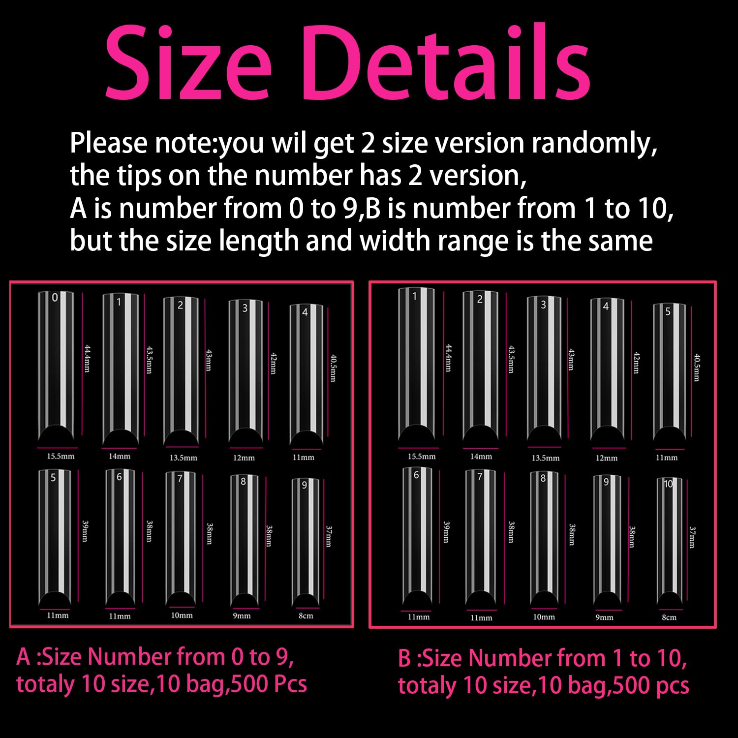 Buy now 500 Pcs Clear Extra Long C Curve False Nail Tips,XXL C Curve Acrylic Fake Nail Tips with Bag for Nail Salon and DIY, Extra Long French Tips Half Cover Straight Square Nail Tips 10 Sizes at indiglob india