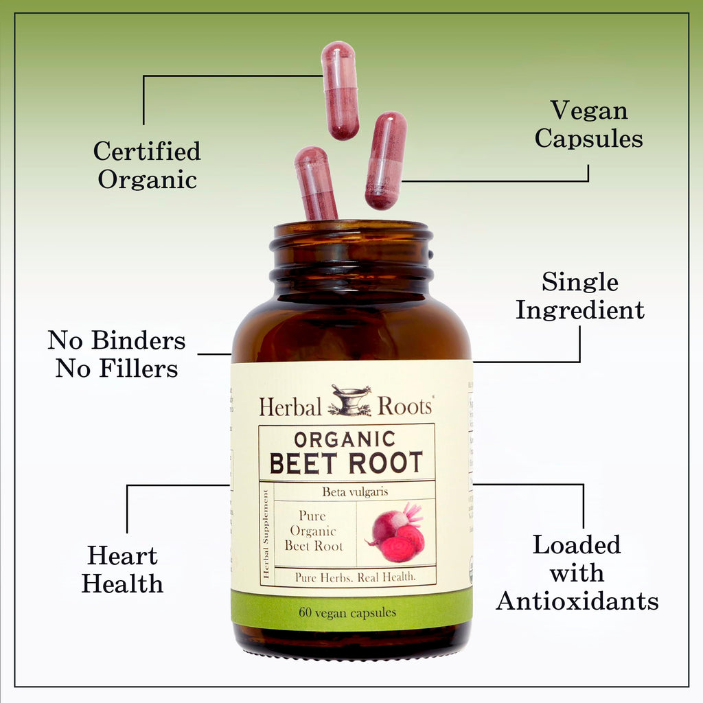 Herbal Roots Organic Beet Root Powder Capsules - Heart Health - Certified USDA Organic - 60 Count Vegan Capsules