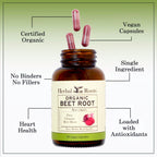 Herbal Roots Organic Beet Root Powder Capsules - Heart Health - Certified USDA Organic - 60 Count Vegan Capsules