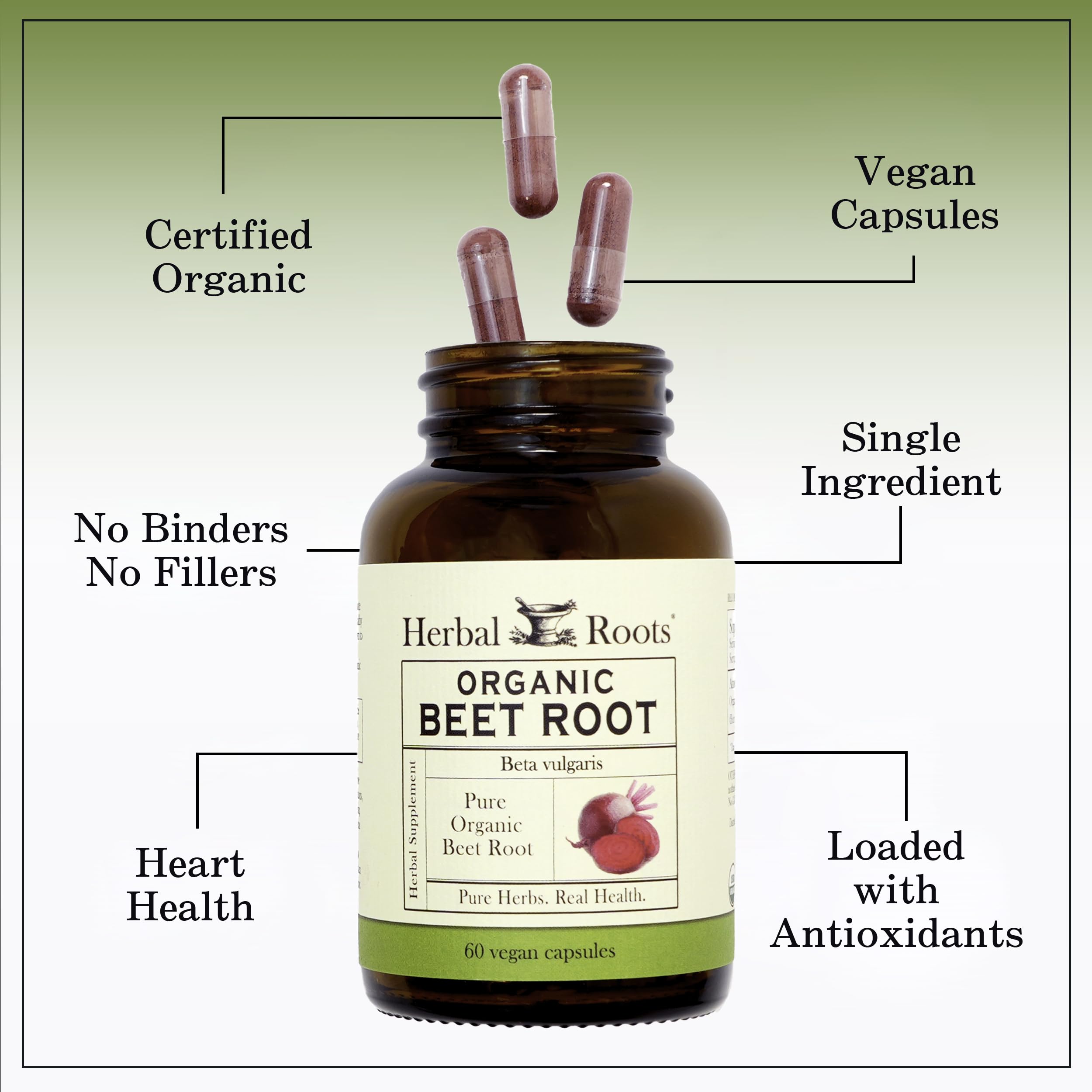 Herbal Roots Organic Beet Root Powder Capsules - Heart Health - Certified USDA Organic - 60 Count Vegan Capsules
