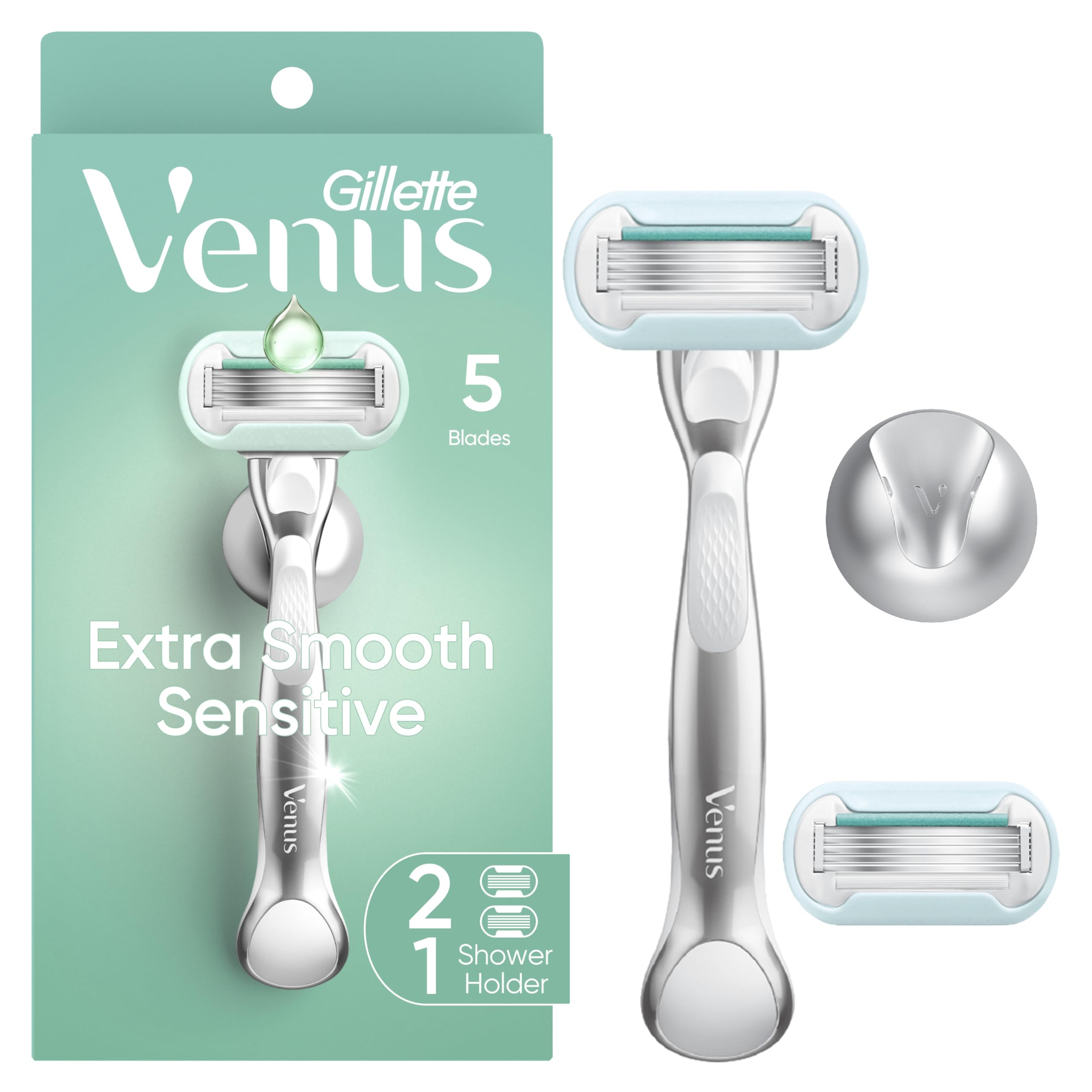 Gillette Venus Extra Smooth Sensitive Gold Women's Razor Handle + 2 Blade Refills, includes Shower Holder