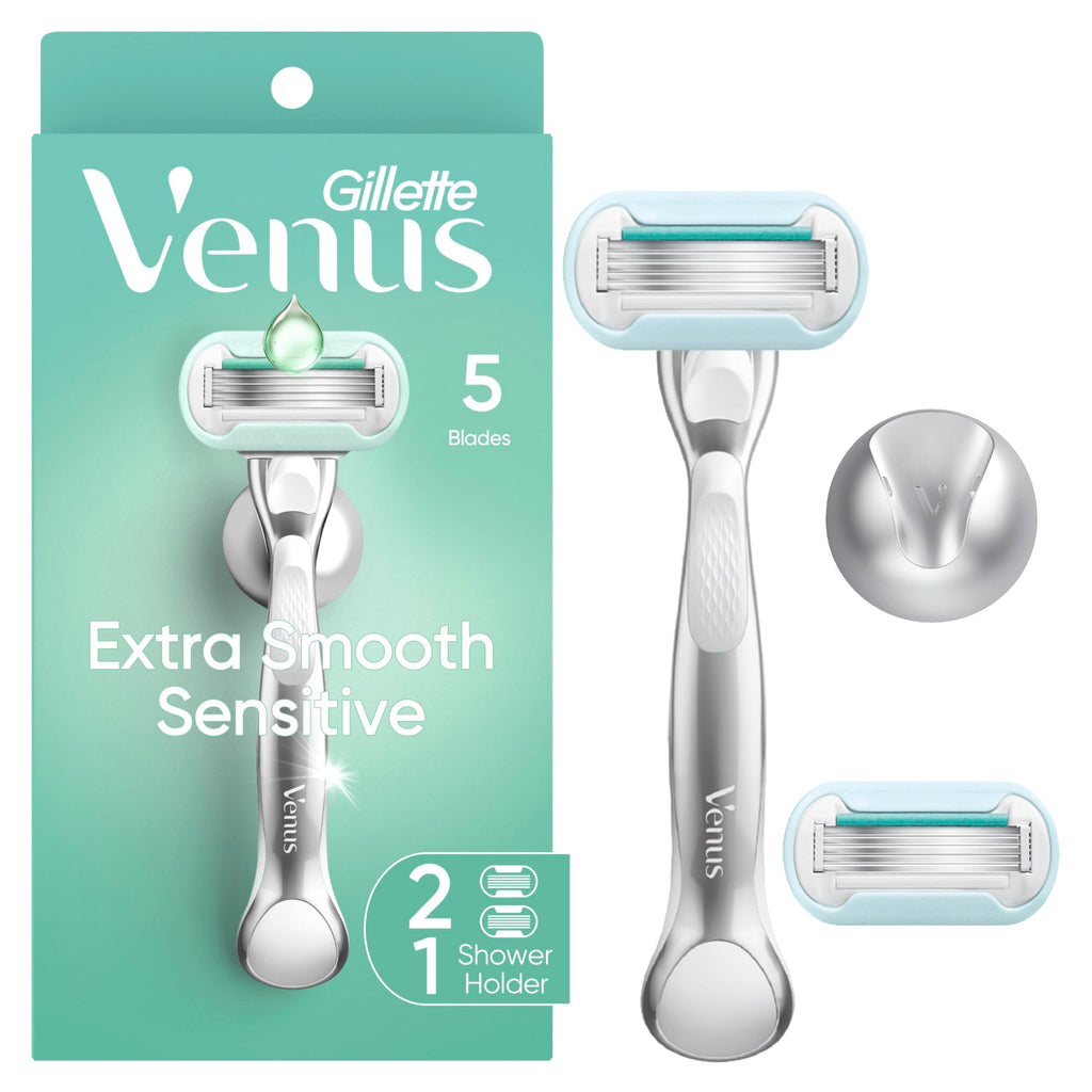 Gillette Venus Extra Smooth Sensitive Gold Women's Razor Handle + 2 Blade Refills, includes Shower Holder