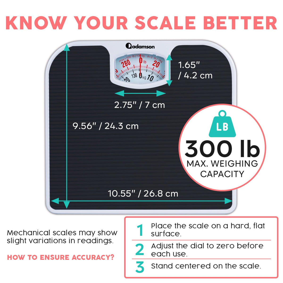 Adamson A21 Analog Scales for Body Weight - Up to 300 LB - New - Anti-Skid Rubber Surface + Large Numbers - Analog Bathroom Scale - Affordable - Durable with 20-Year Assurance - Black