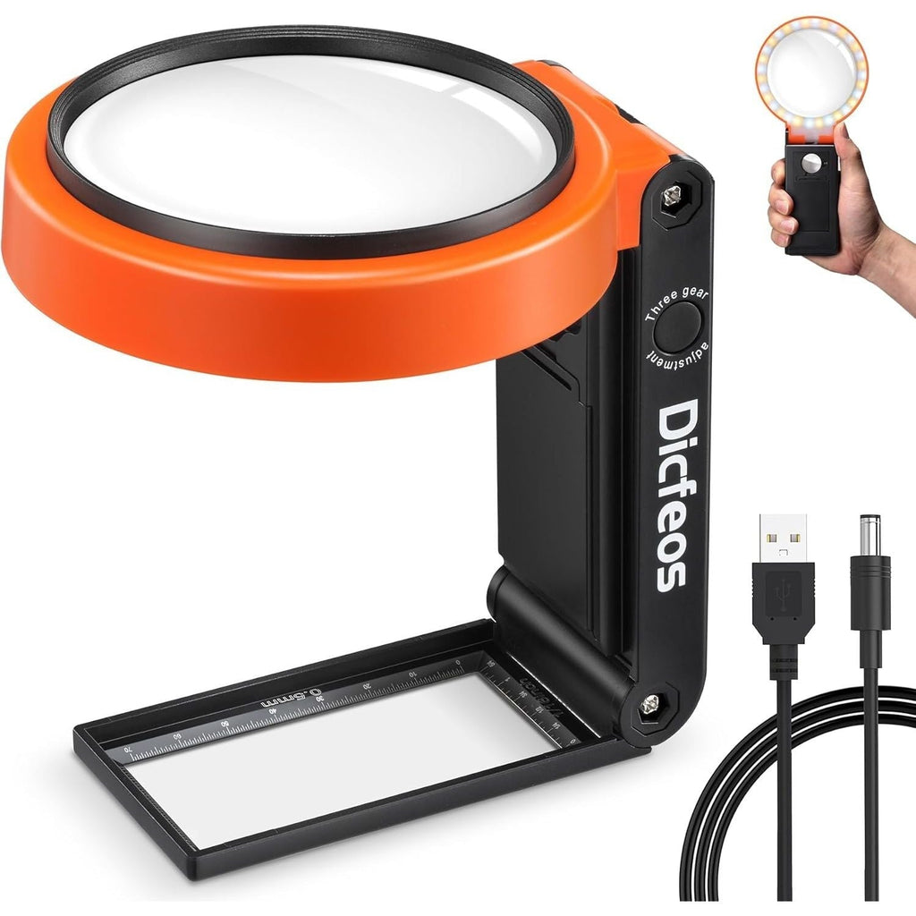 Buy now Dicfeos 30X 40X Magnifying Glass with Light and Stand, Non-Rechargeable, Folding Design 32 LED Illuminated for Close Work, Handheld Large Glasses Reading, Powered by Battery or USB Default at indiglob india