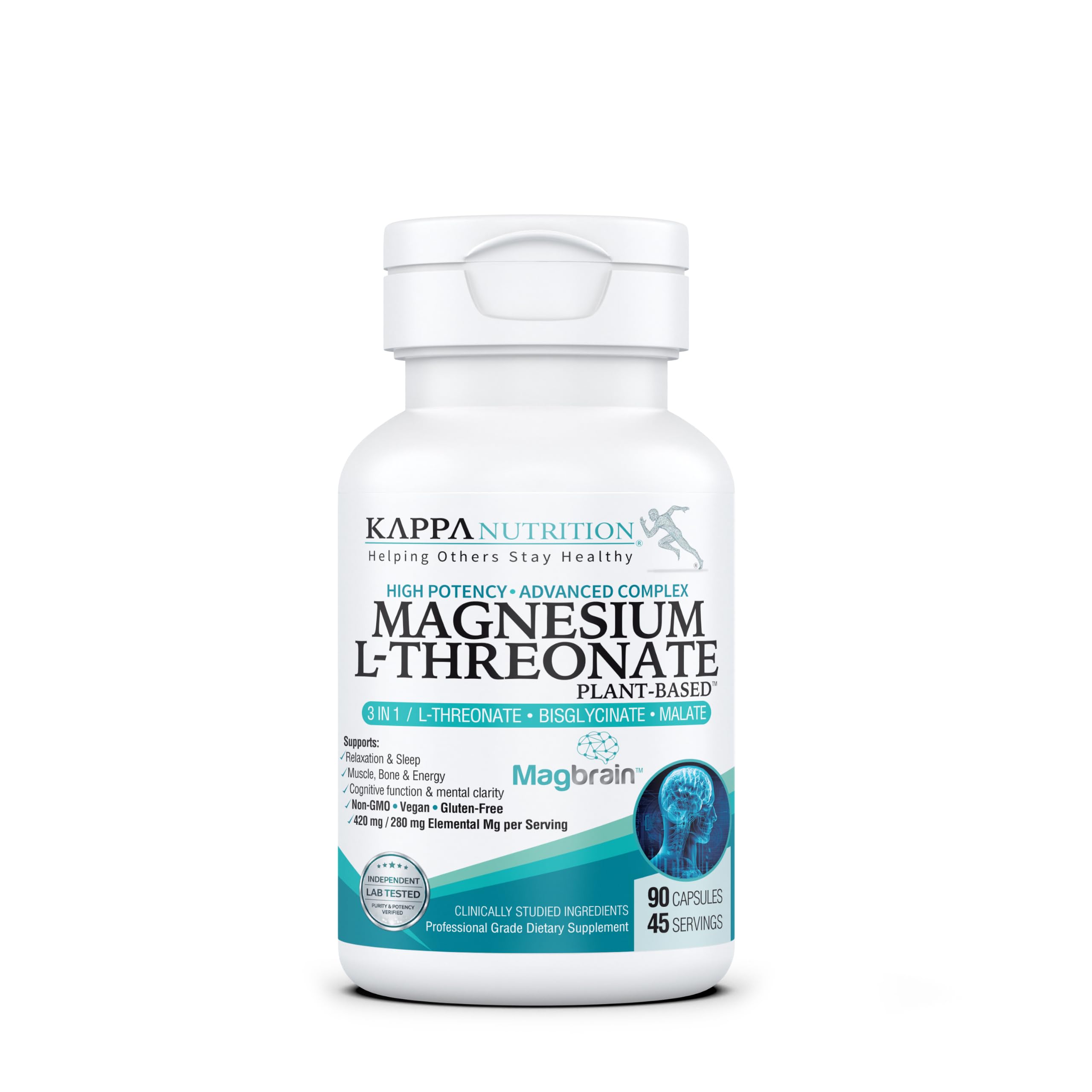 Kappa Nutrition Powered by Magbrain™ Magnesium L-Threonate Plant-Based, 420mg Elemental Magnesium (3 Capsules) from 2,253mg, 120 Vegan Capsules, Brain, Sleep & Muscle Support.