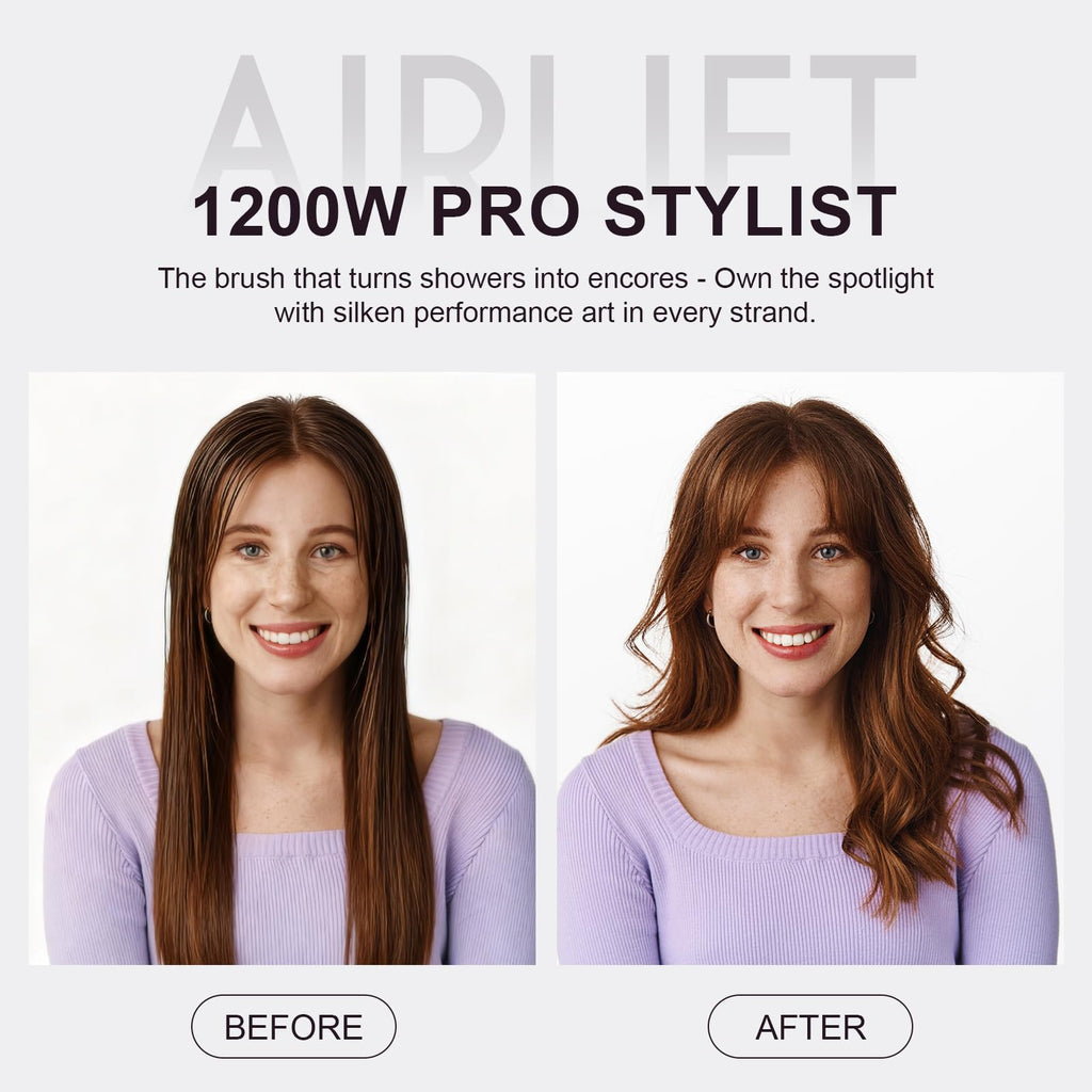 Before and after using the 4-in-1 Travel Dual Voltage Hair Dryer, showcasing vibrant, smooth hair results. Ideal for global travelers.