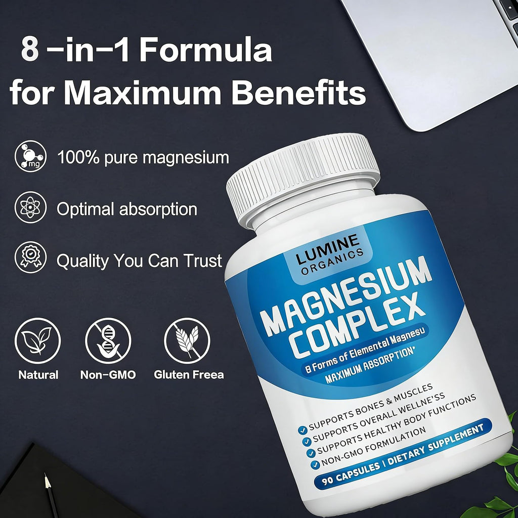 1PCSLumine Organics Magnesium Complex Supplement 1000mg - Advanced 8-in-1 Magnesium Blend - Glycinate, Citrate, Malate, Taurate etc.– High Absorption Formula – Non-GMO, 90 Capsules (1C)