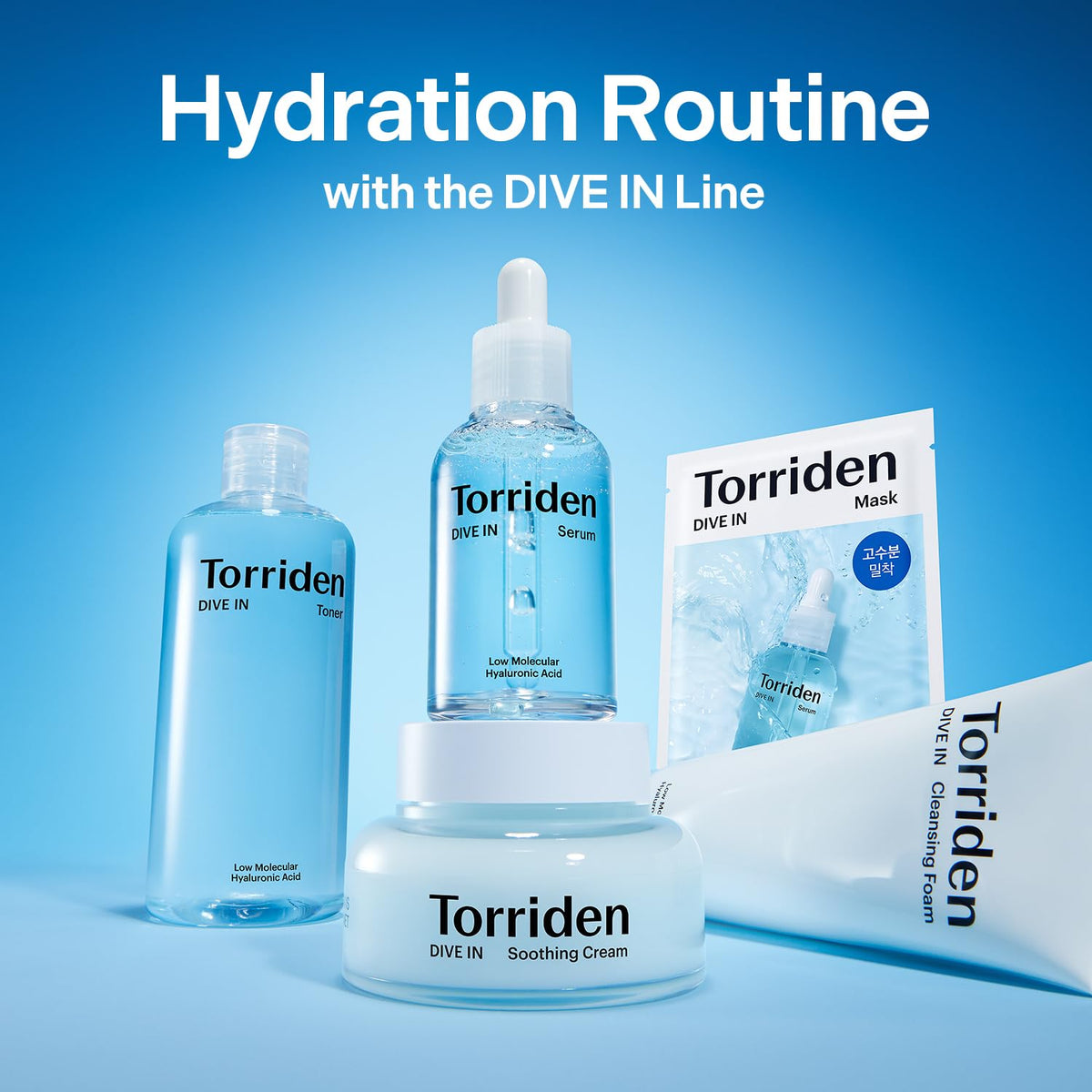 Torriden DIVE IN Trial Kit | Hyaluronic Acid Infused Daily Skincare Kit - 4 Step Regimen with Foam Cleanser, Facial Toner, Serum, and Cream | Travel Essential | Korean Skin Care Set