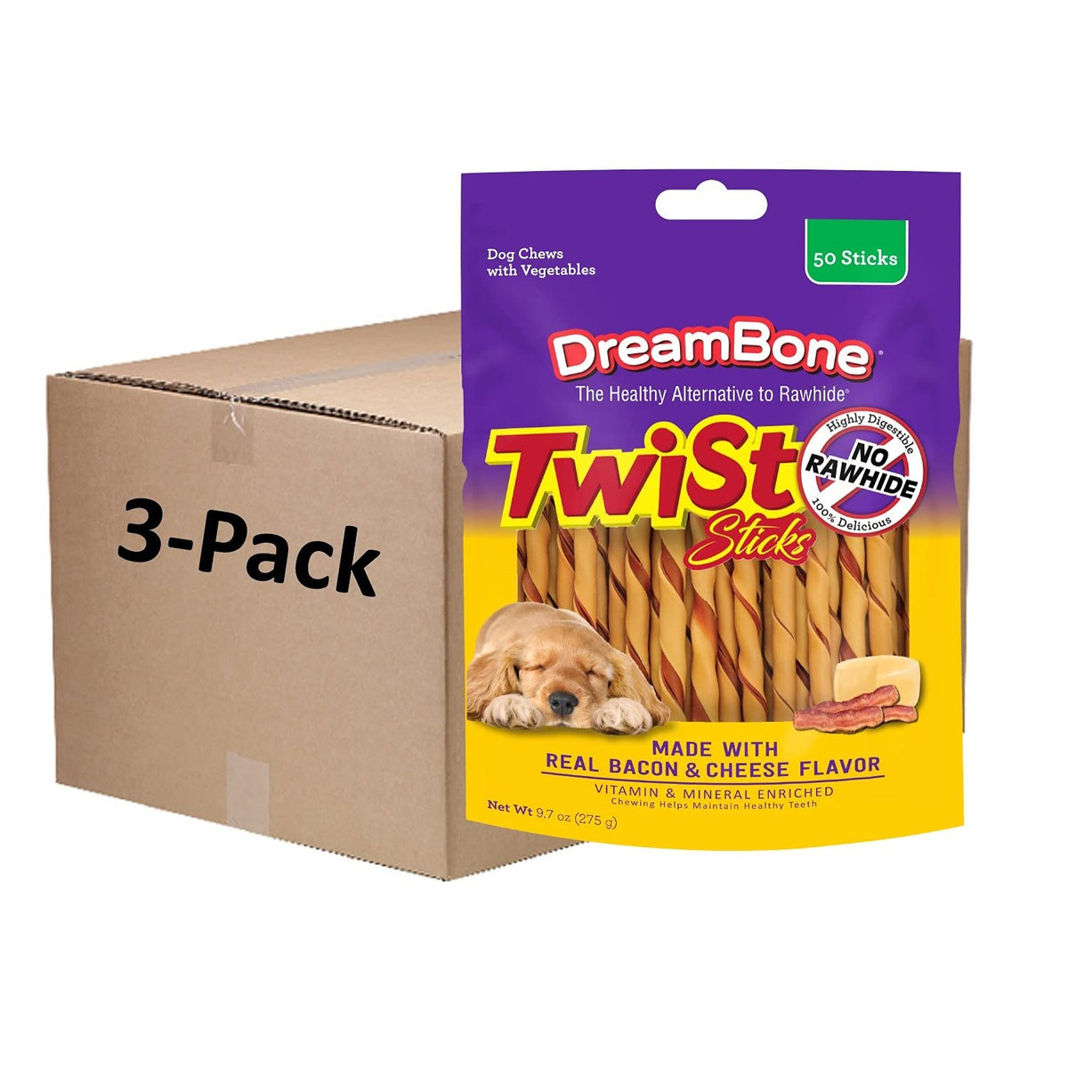 Dreambone Twist Sticks with Real Bacon and Cheese Flavor 50 Count, Rawhide-Free Chews for Dogs (3 Pack)