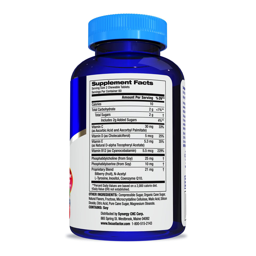 Focus Factor Kids Extra Strength Daily Chewable for Brain Health Support, 120 Count – Vitamins - Quality Formula – Gluten & Dairy Free Supplements for Children – No Artificial Sweetener