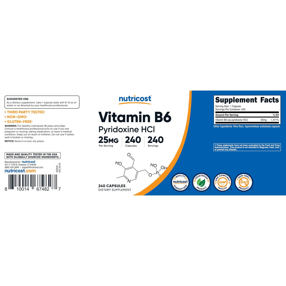 Nutricost Vitamin B6 (Pyridoxine HCl) 25mg, 240 Capsules, Gluten Free