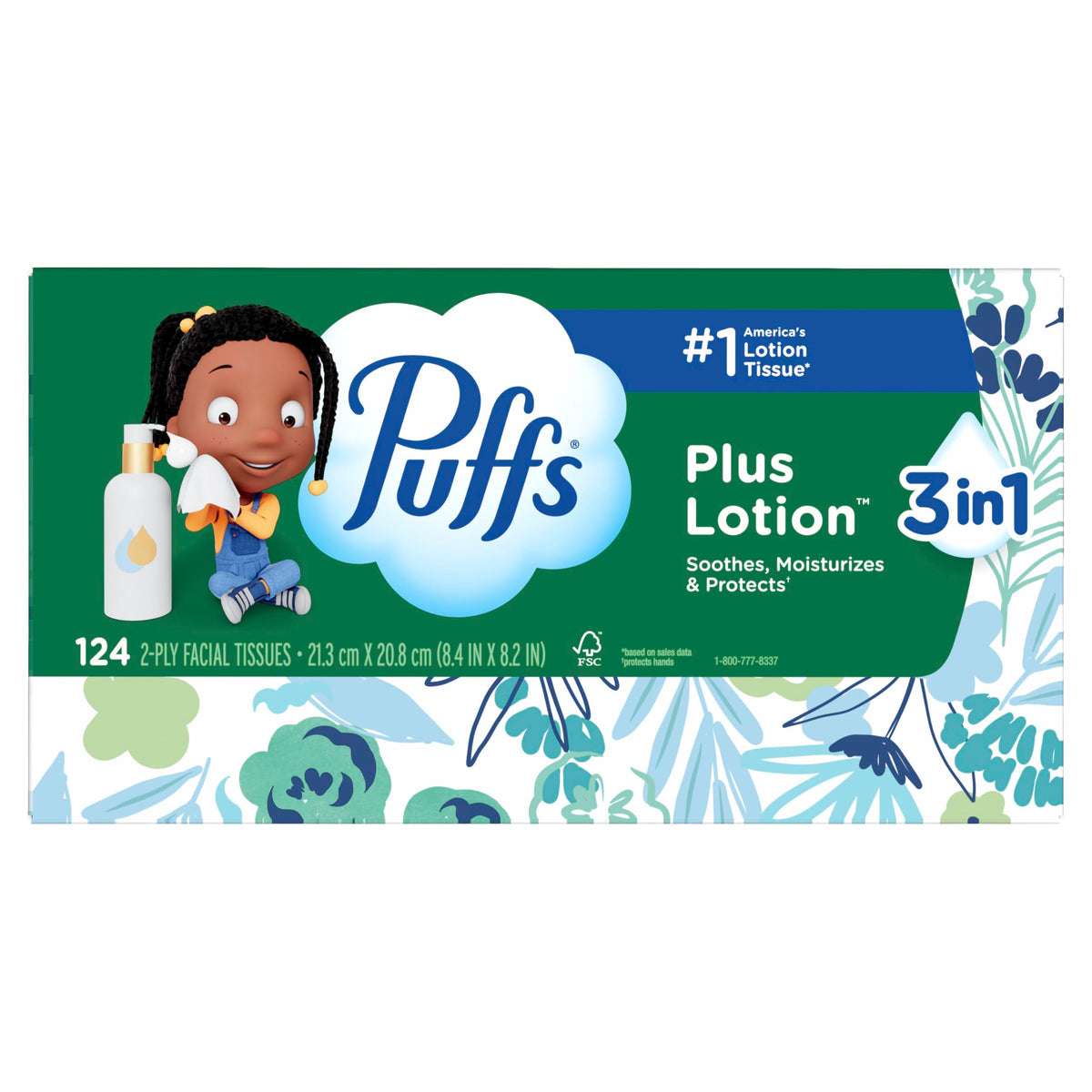 Puffs Facial Tissues Plus Lotion, 8 Family Rectangle Boxes, 124 Facial Tissues per Box, Allergies and Colds (Packaging May Vary)