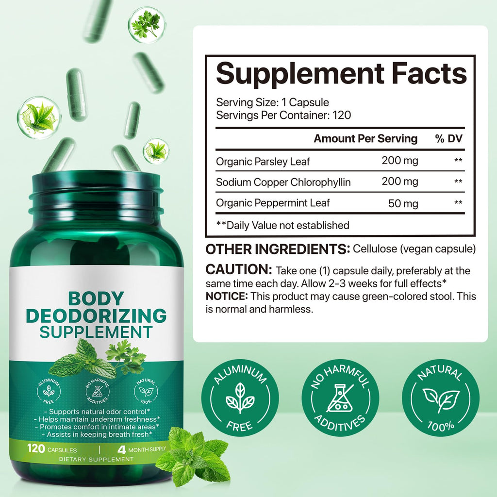 Chlorophyll Body Deodorizing Supplement 120Pcs for Digestion/Gut Health Support, Internal Deodorant Capsules for Overall Freshness, Underarms, Intimate Areas, Private Parts, Natural & Safe Formula|