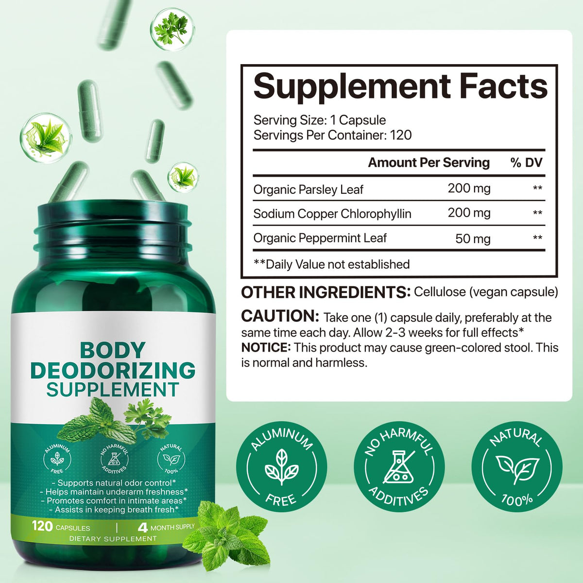 Chlorophyll Body Deodorizing Supplement 120Pcs for Digestion/Gut Health Support, Internal Deodorant Capsules for Overall Freshness, Underarms, Intimate Areas, Private Parts, Natural & Safe Formula|
