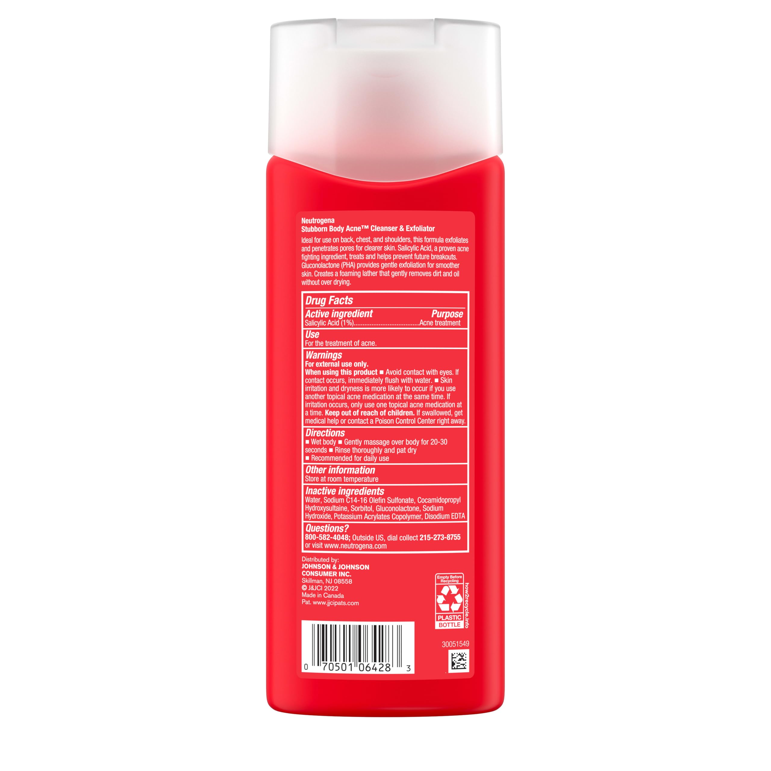 Neutrogena Stubborn Acne Body Wash & Exfoliating Cleanser, 8.5 oz | Salicylic Acid & PHA, Chest & Shoulder Acne Treatment, Gently Clears, Exfoliates & Helps Prevent Breakouts, Fragrance Free
