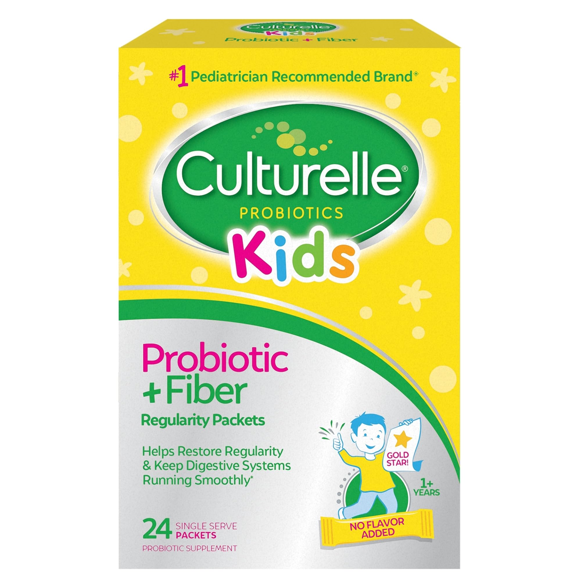 Culturelle Kids Probiotic + Fiber Packets, Ages 1+, Unflavored, 24 Count | From the #1 Pediatrician-Recommended Brand± Digestive Health & Immune Support, Help Restore Regularity*, Children & Toddlers