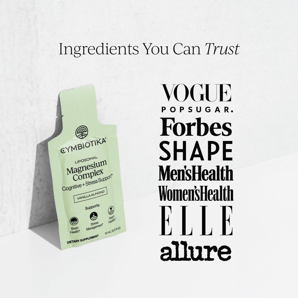 CYMBIOTIKA Liposomal Magnesium Complex for Sleep, Calm, Relax & Recovery | 3 forms: taurate, bisglycinate & glycerophosphate. Highly absorbable, stomach-friendly. Vanilla Almond, 28 pouches. Vegan.