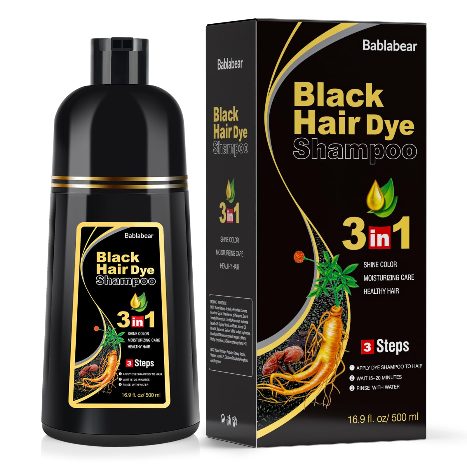 Bablabear Black Hair Dye Shampoo for Gray Hair,Hair Color Shampoo for Women and Men, Grey Coverage.500ml