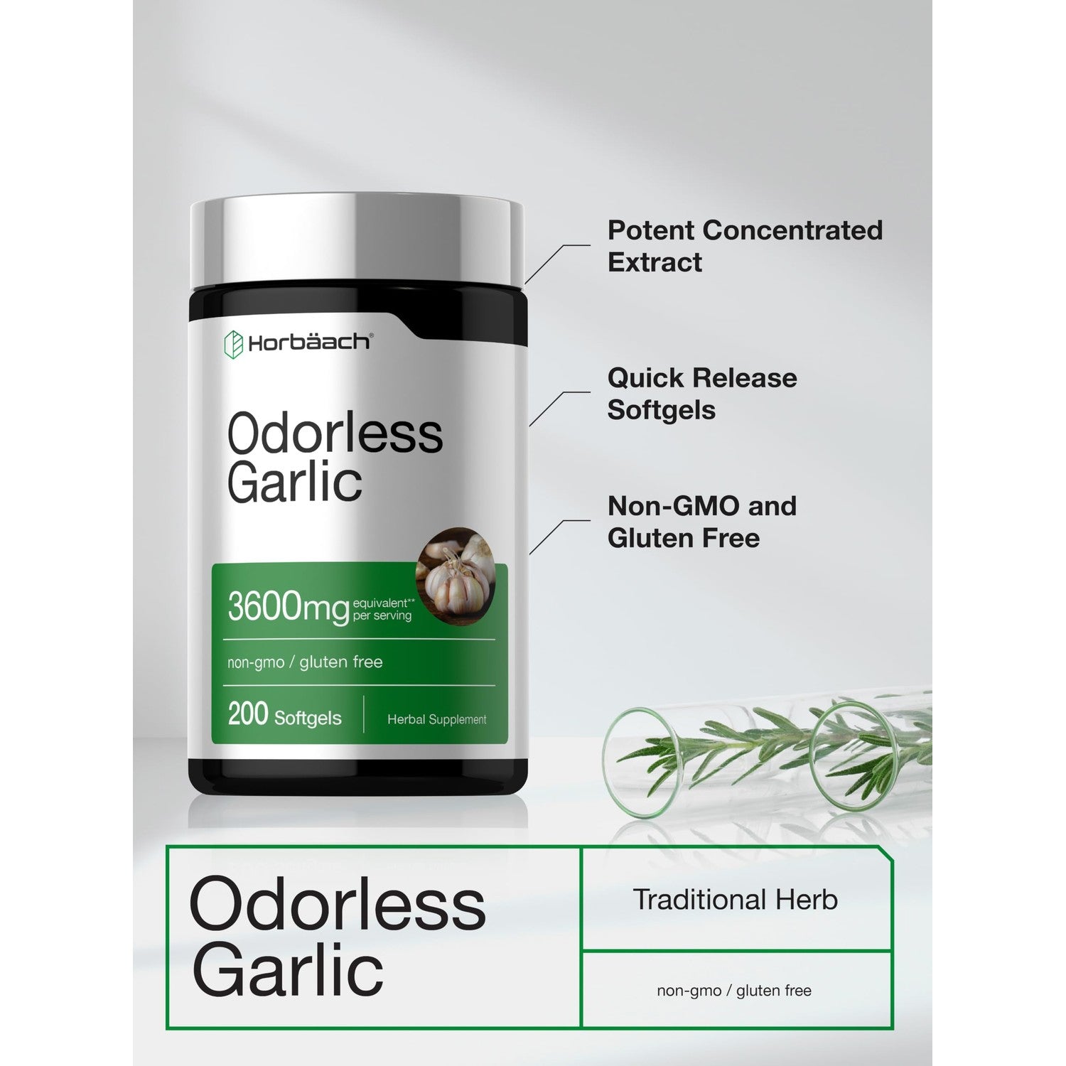 Horbäach Odorless Garlic Softgel Supplement | 200 Pills | Ultra Potent Concentrated Herbal Extract | Non-GMO & Gluten Free
