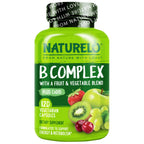 NATURELO Vitamin B Complex, 120 Capsules, Vegan, CoQ10, Methyl Folate | Biotin, Fruit & Vegetable Blend, Supports Energy And Healthy Stress Response, Super B Complex Vitamins for Women and Men