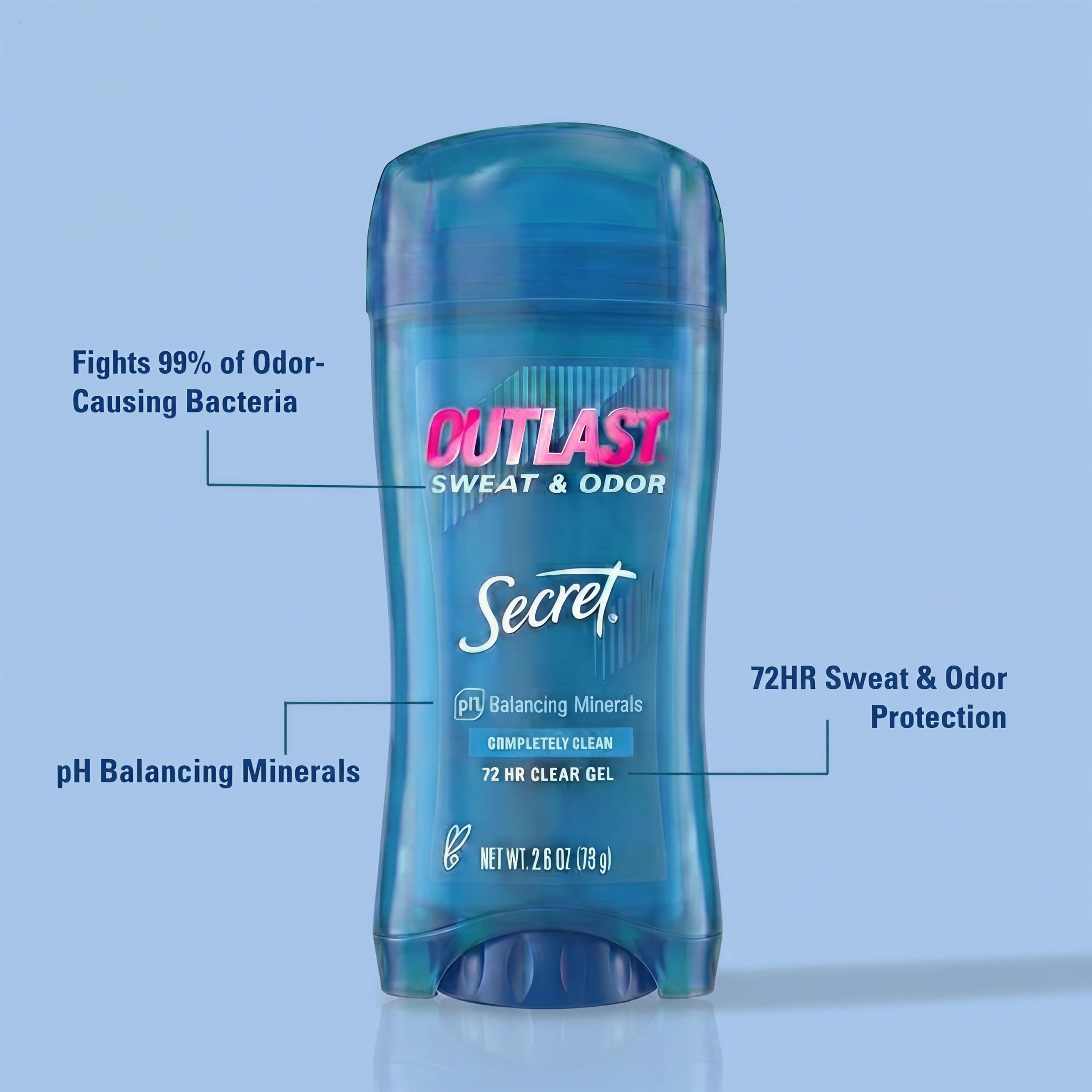 Secret Outlast Antiperspirant Deodorant for Women, 72hr Sweat & Odor Protection, PH Balancing Minerals, Pro-Hyaluronic Acid, Clear Gel, Completely Clean Scent, 2.6 oz (Pack of 2)