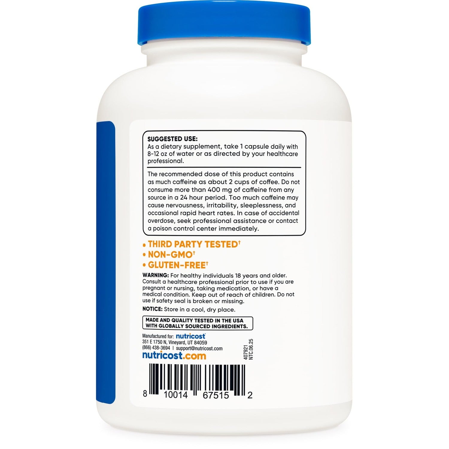 Nutricost Caffeine Pills, 200mg Per Serving (500 Caps)
