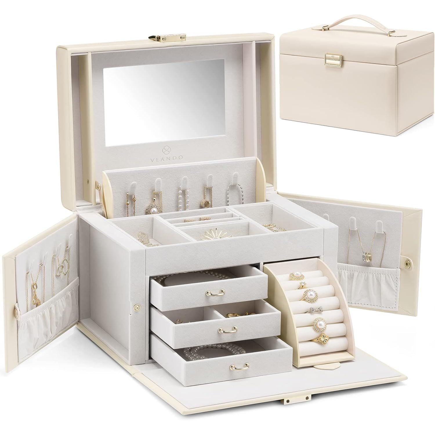 Buy now Vlando Jewelry Box Organizer for Girls Women, Large Baroque Jewelry Holder Organizer with Mirror, 3 Drawers for Bracelets, Earrings, Rings, Necklaces, Mothers Day for Loved One, Pink B.Beige at indiglob india