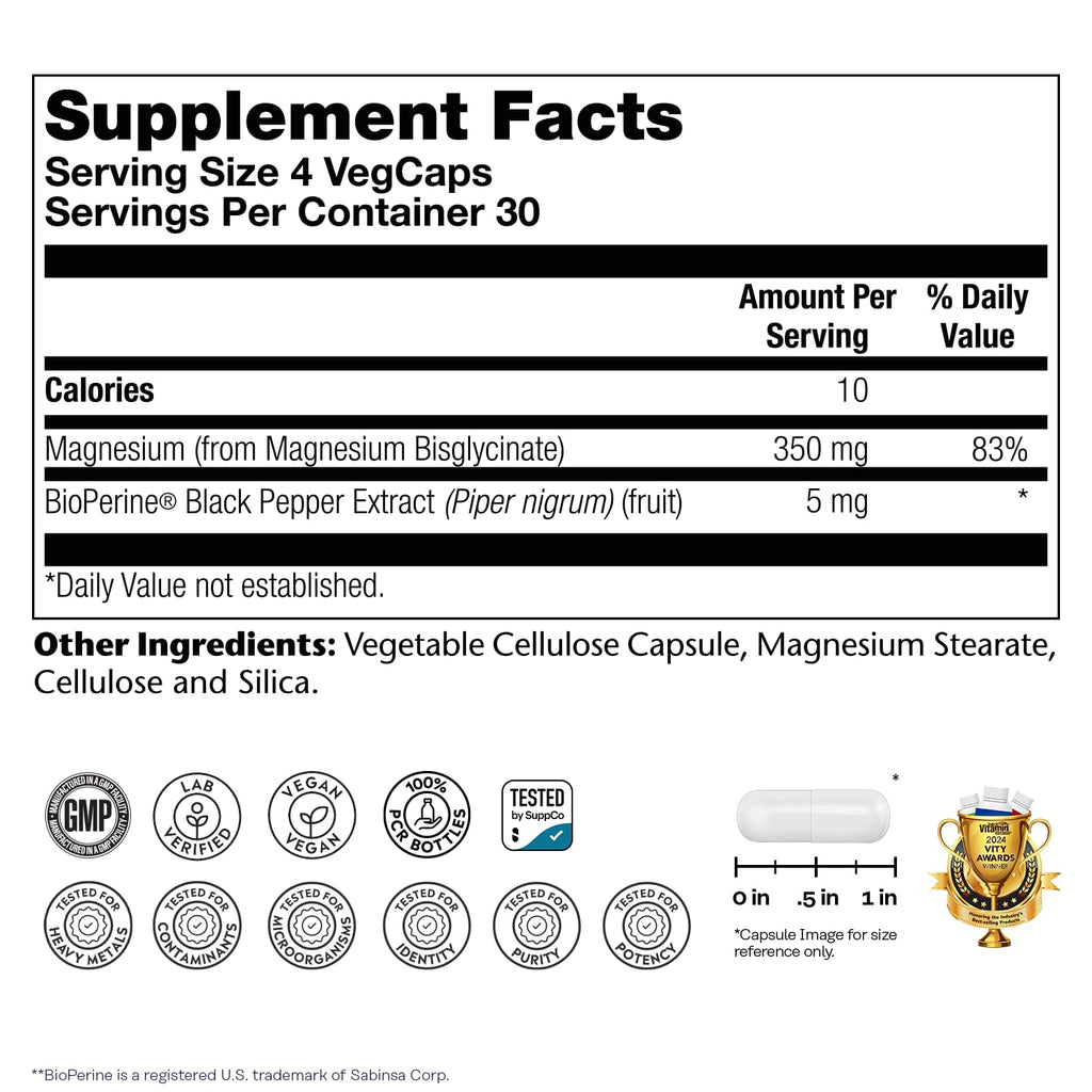 SOLARAY Enhanced Absorption Magnesium Glycinate 350 mg, 120 VegCaps | Muscle, Bone & Heart Support, Chelated Magnesium Bisglycinate with BioPerine, 30 Servings, Vegan, Lab Verified