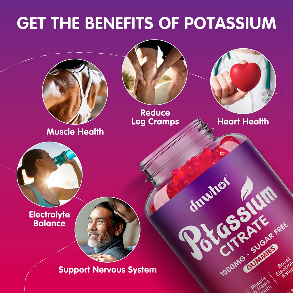 duwhot Potassium Citrate 1000mg Gummies, 60 Chewables | Potassium Supplement for Adults Women & Men, Support Leg Cramps & Muscle Health