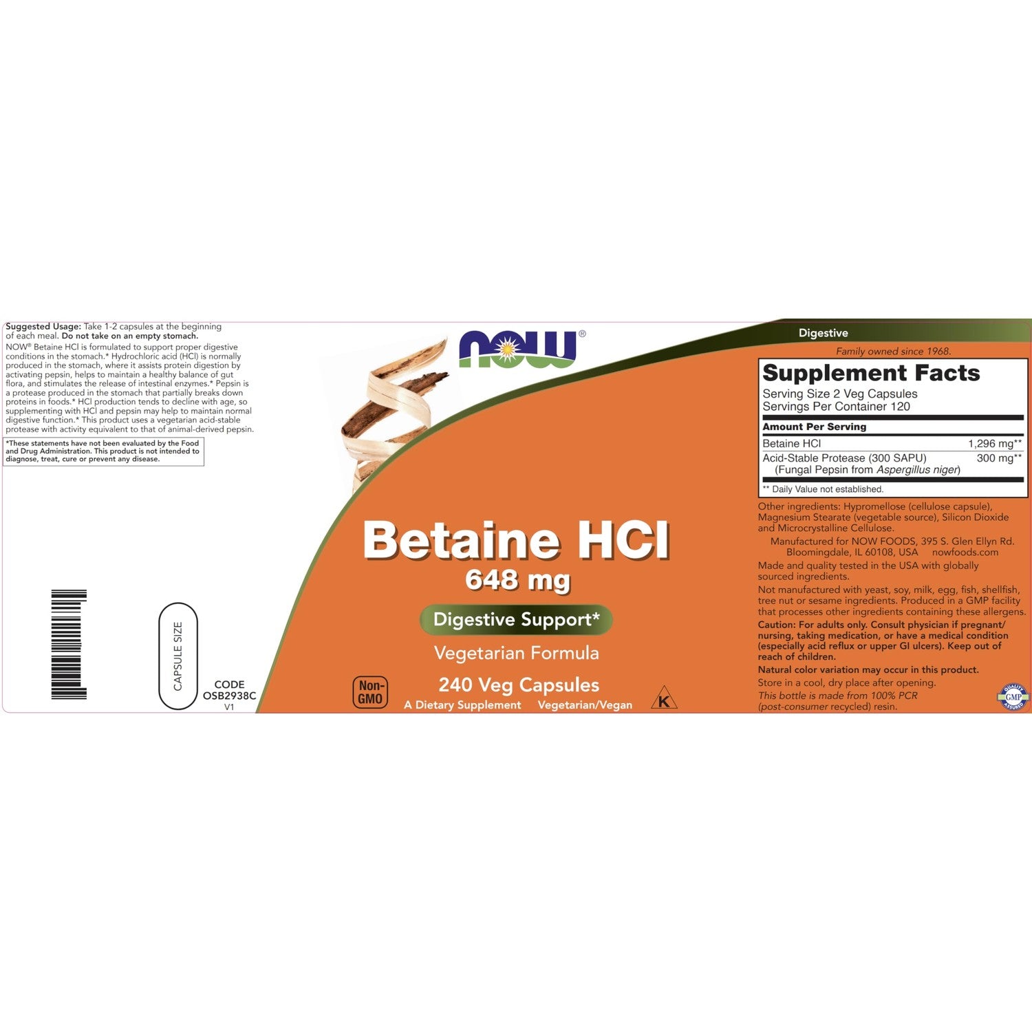Now Betaine HCl 648mg 240 Veg Capsules - Digestive Enzymes Supplement - Enhanced with Pepsin Protease for Protein Digestion Support