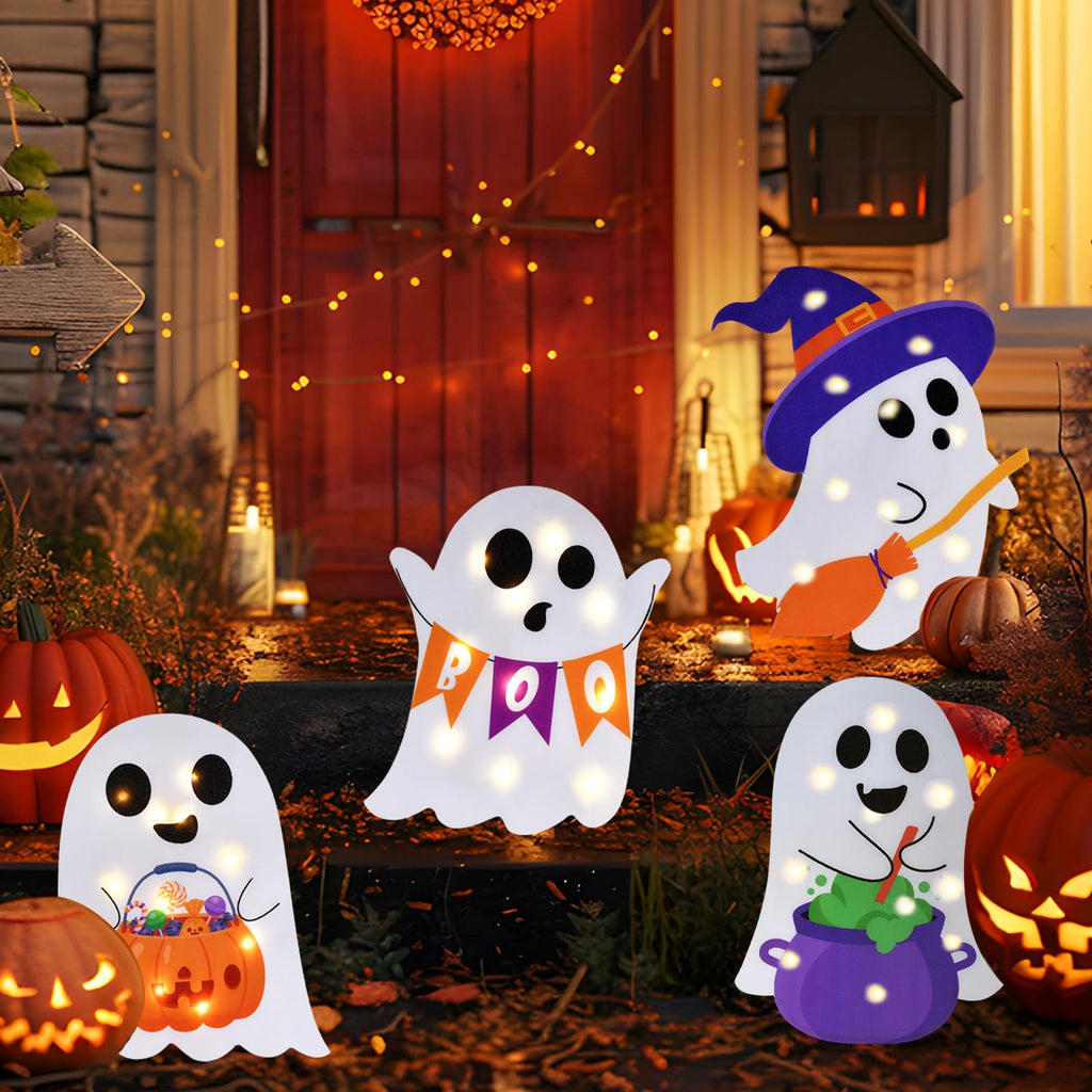 Lighted Cute Ghost Yard Signs, 4 Packs Halloween Decorations Outdoor Scary Witch Pumpkin Boo Signs with Lights for Lawn Garden Yard Stakes Outside Halloween Decoration Decor Clearance
