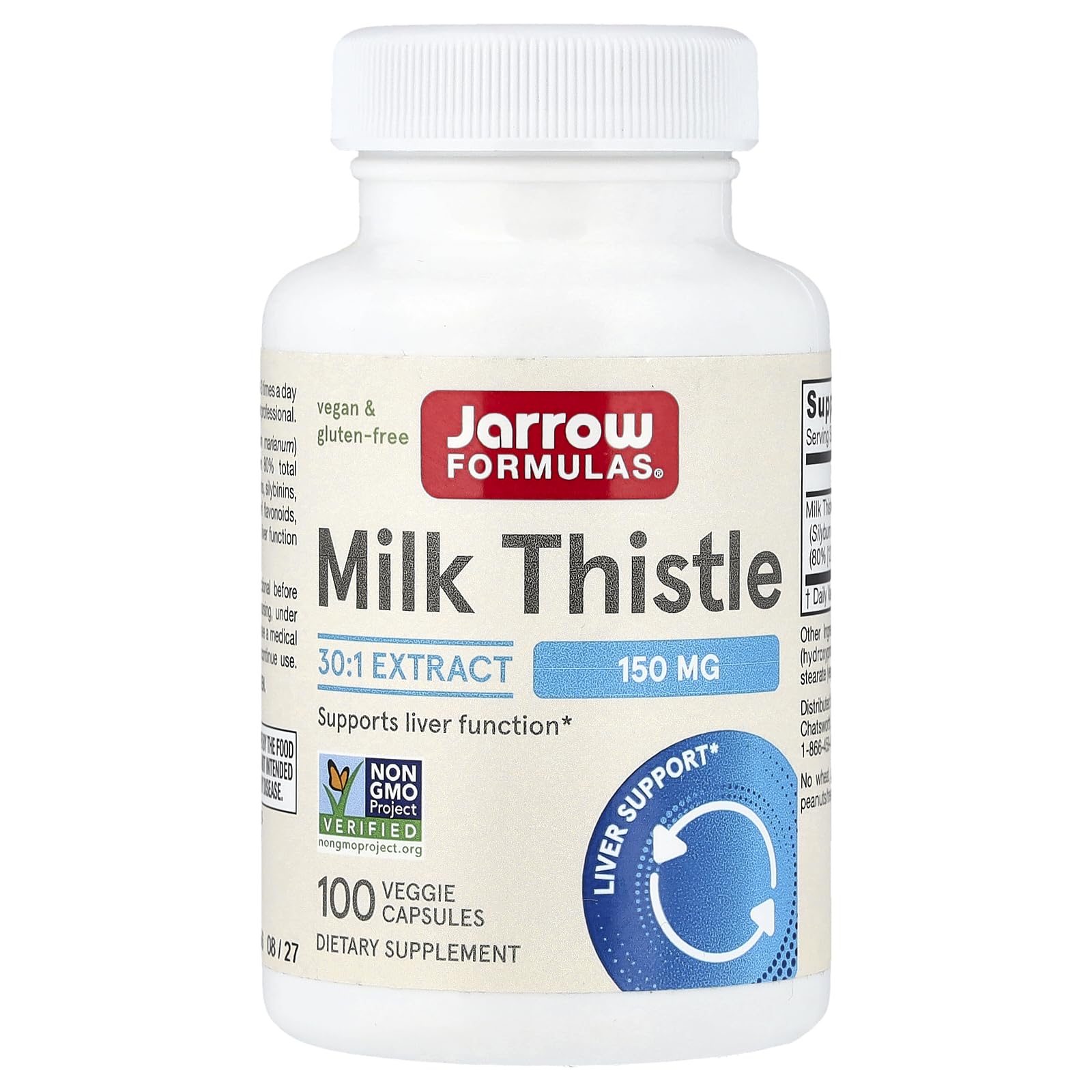 Jarrow Formulas Milk Thistle 150 mg with 30:1 Standardized Silymarin Extract, Dietary Supplement for Liver Function Support, 100 Veggie Capsules, 33-100 Day Supply