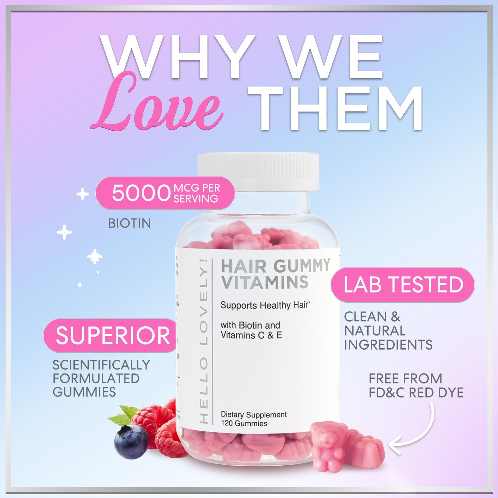 Hair Vitamins Gummies for Hair Growth - Hair, Skin & Nails Beauty Complex with 5000mcg Biotin per Serving - Supports Thicker, Stronger, Radiant-Looking Hair for Women & Men, Berry Flavor - 120 Gummies