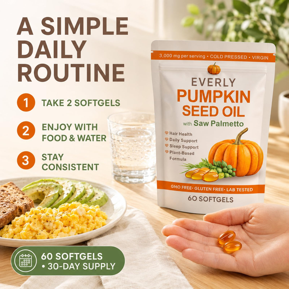 Everly Pumpkin Seed Oil with Saw Palmetto, Cold-Pressed Virgin 60 Softgels
