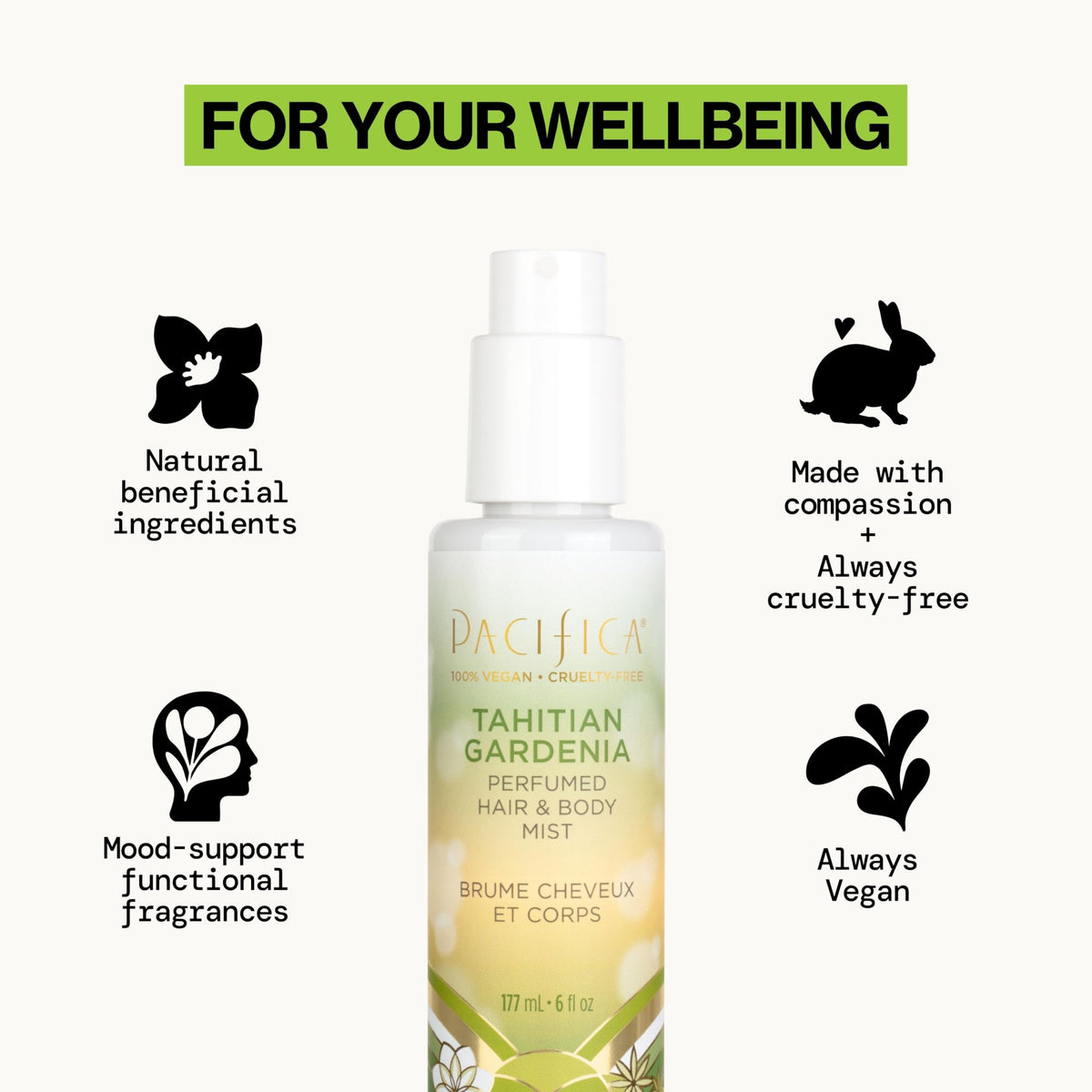 Pacifica Tahitian Gardenia Perfumed Hair & Body Mist, Alcohol-Free Spray Designed For Head-To-Toe Wear, Vegan & Cruelty-Free, 6 Fl Oz