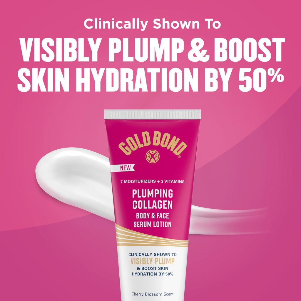 Gold Bond Plumping Collagen Body & Face Serum Lotion, Hydrating Moisturizer | Scented lotion with collagen peptide complex, jojoba & grapeseed oils to visibly plump skin, cherry blossom scent, 8 oz