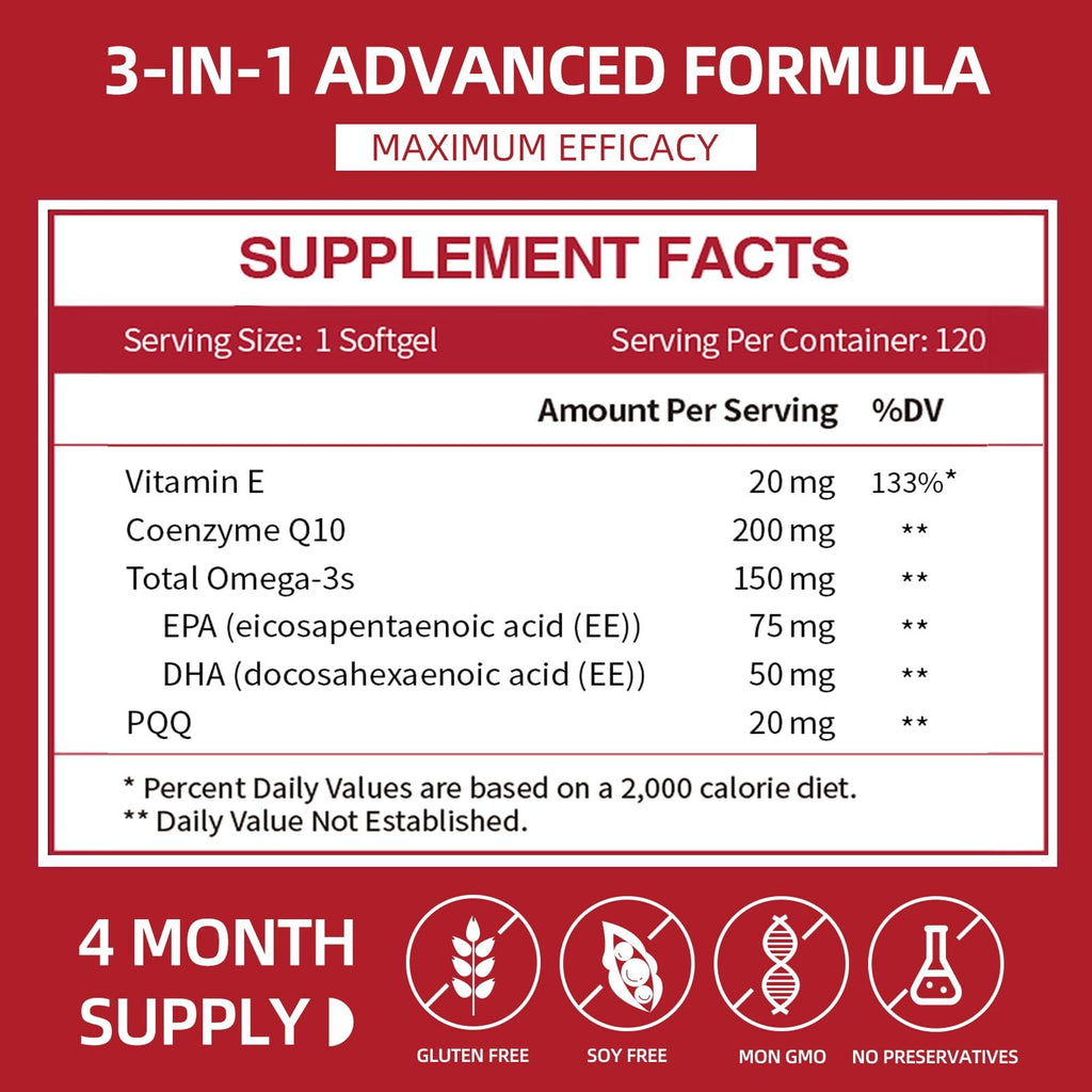 CoQ10 200mg Softgels with PQQ & Omega 3 Fish Oil, 120 Count