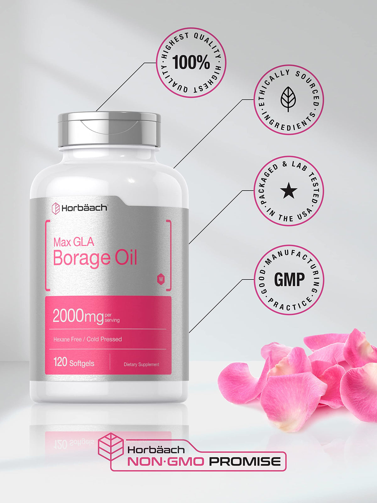 Horbäach Borage Oil Capsules 2000 mg | 120 Softgels | 320mg of GLA