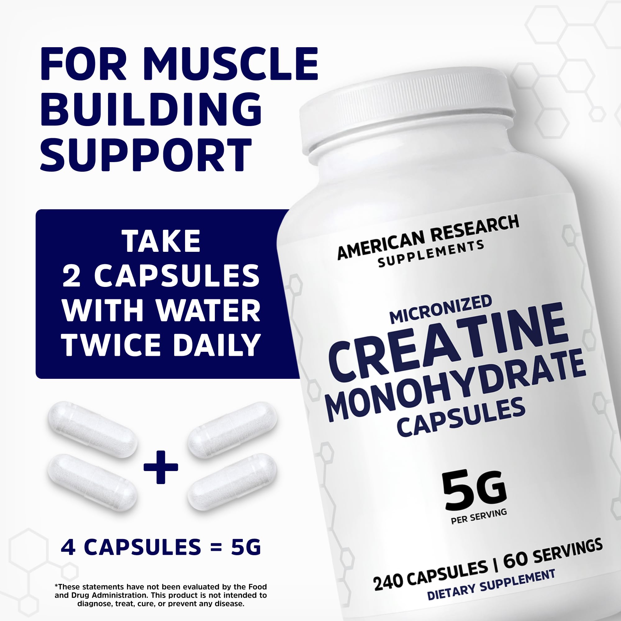 Creatine Monohydrate Capsules 5G, 60 Servings, Micronized Creatine Pills for Men and Women, 4 Caps per Serving