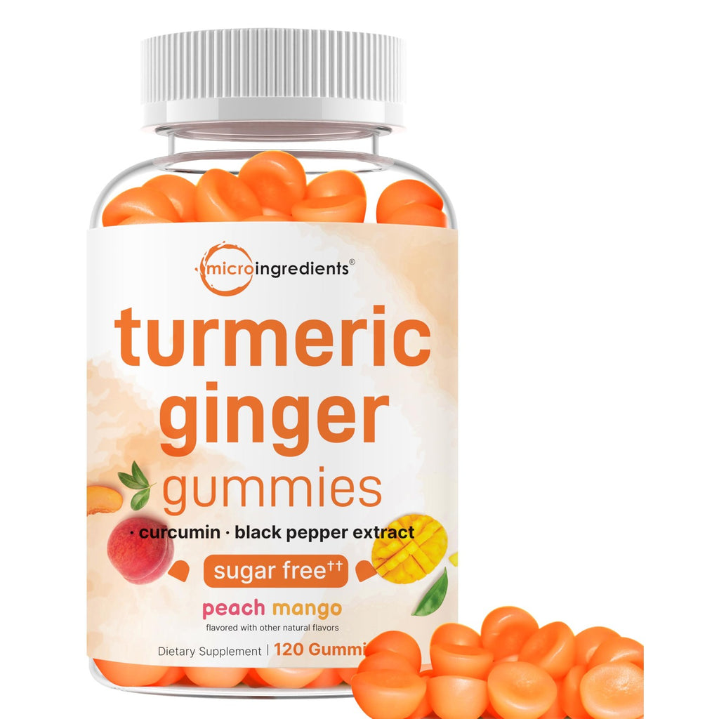 Turmeric Ginger Gummies, 120 Count | Sugar Free Peach Mango Flavored | Extra Strength Curcumin with Black Pepper for Enhanced Absorption | Non-GMO