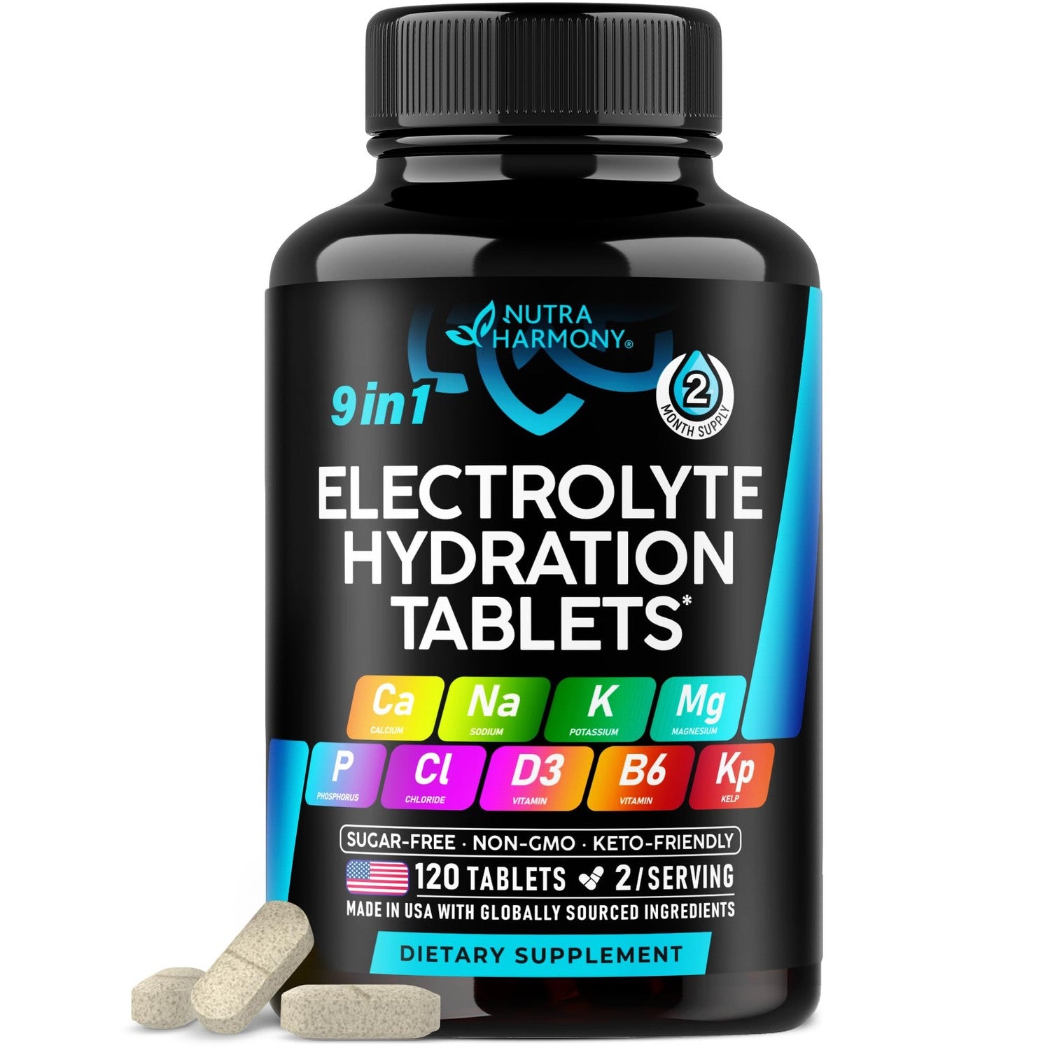 Electrolyte Tablets with Magnesium, Sodium, Potassium, Chloride - 120 Tabs | Electrolytes Salt Pills with Kelp Powder, Vitamins D3 & B6 - Vegan & Keto Friendly Oral Tablets as Capsules - Lab Tested