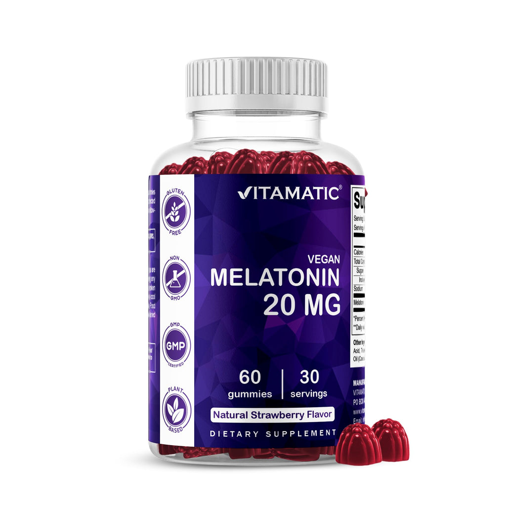 Vitamatic Melatonin 20 mg Gummies, Vegan, Strawberry, 60 Count | 20 mg Melatonin Per Serving, Promotes Relaxation & Sleep Support*, Plant-Based, Gluten Free, Non-GMO