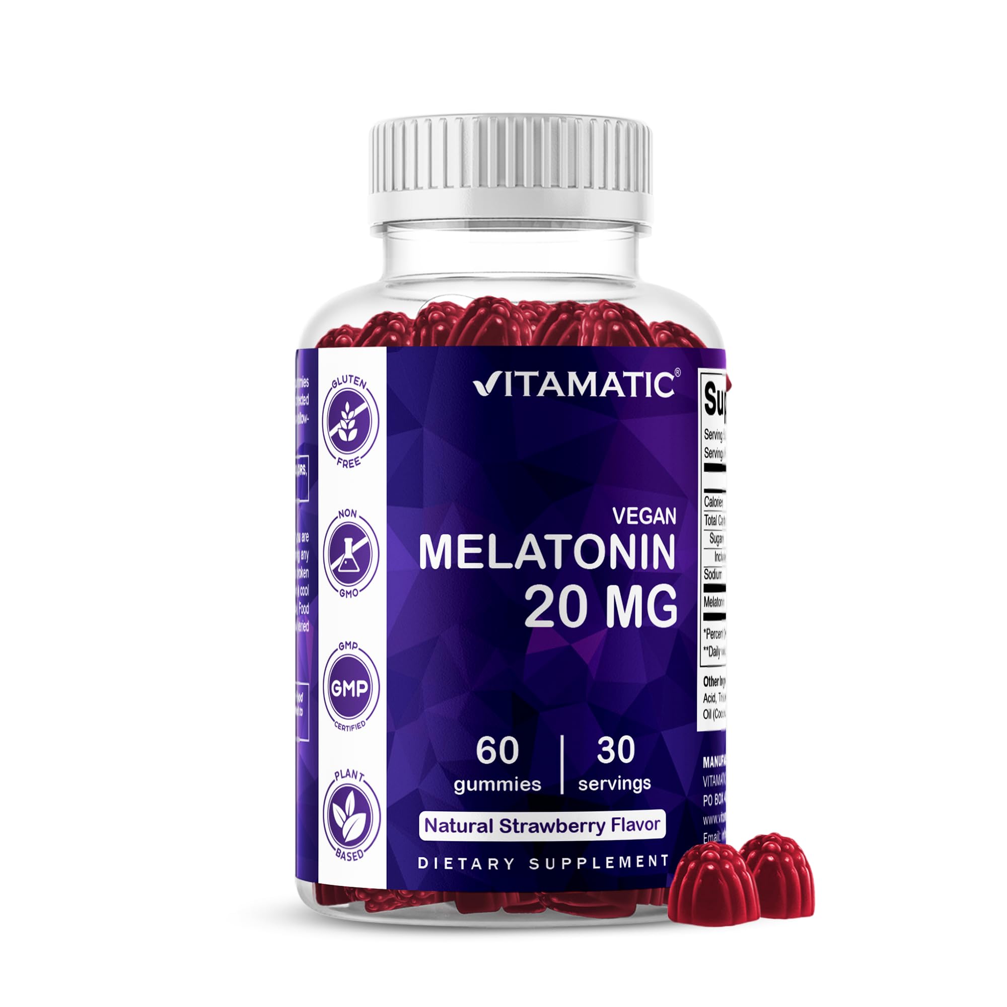 Vitamatic Melatonin 20 mg Gummies, Vegan, Strawberry, 60 Count | 20 mg Melatonin Per Serving, Promotes Relaxation & Sleep Support*, Plant-Based, Gluten Free, Non-GMO