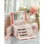 Buy now Vlando Jewelry Box Organizer for Girls Women, Large Baroque Jewelry Holder Organizer with Mirror, 3 Drawers for Bracelets, Earrings, Rings, Necklaces, Mothers Day for Loved One, Pink at indiglob india