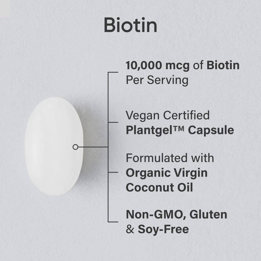 Sports Research® Biotin 10,000mcg w/Coconut Oil, 120 Count Plantgels™ | Max Strength Vegan Biotin (Vitamin B7) for Healthy Skin and Hair Support | Non-GMO, Gluten & Soy-Free, 120 Servings