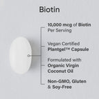 Sports Research® Biotin 10,000mcg w/Coconut Oil, 120 Count Plantgels™ | Max Strength Vegan Biotin (Vitamin B7) for Healthy Skin and Hair Support | Non-GMO, Gluten & Soy-Free, 120 Servings