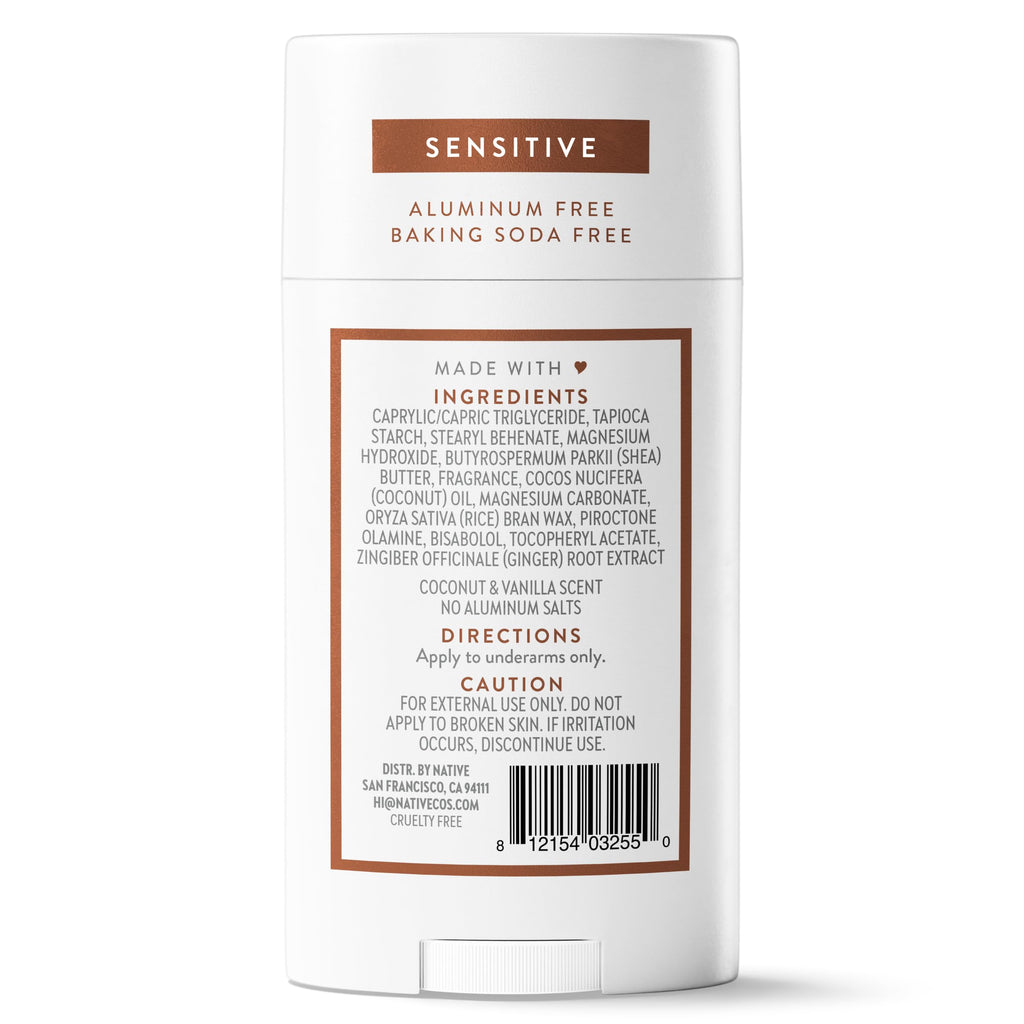 Native Sensitive Deodorant Contains Naturally Derived Ingredients, 72 Hour Odor Control | Deodorant for Women & Men, Aluminum Free with Baking Soda, Coconut Oil and Shea Butter, Coconut & Vanilla