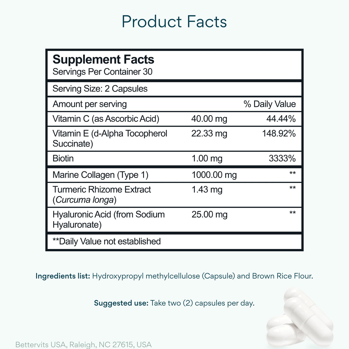 Bettervits Hydrolyzed Marine Collagen Peptides for Women, Men | 60 Capsules