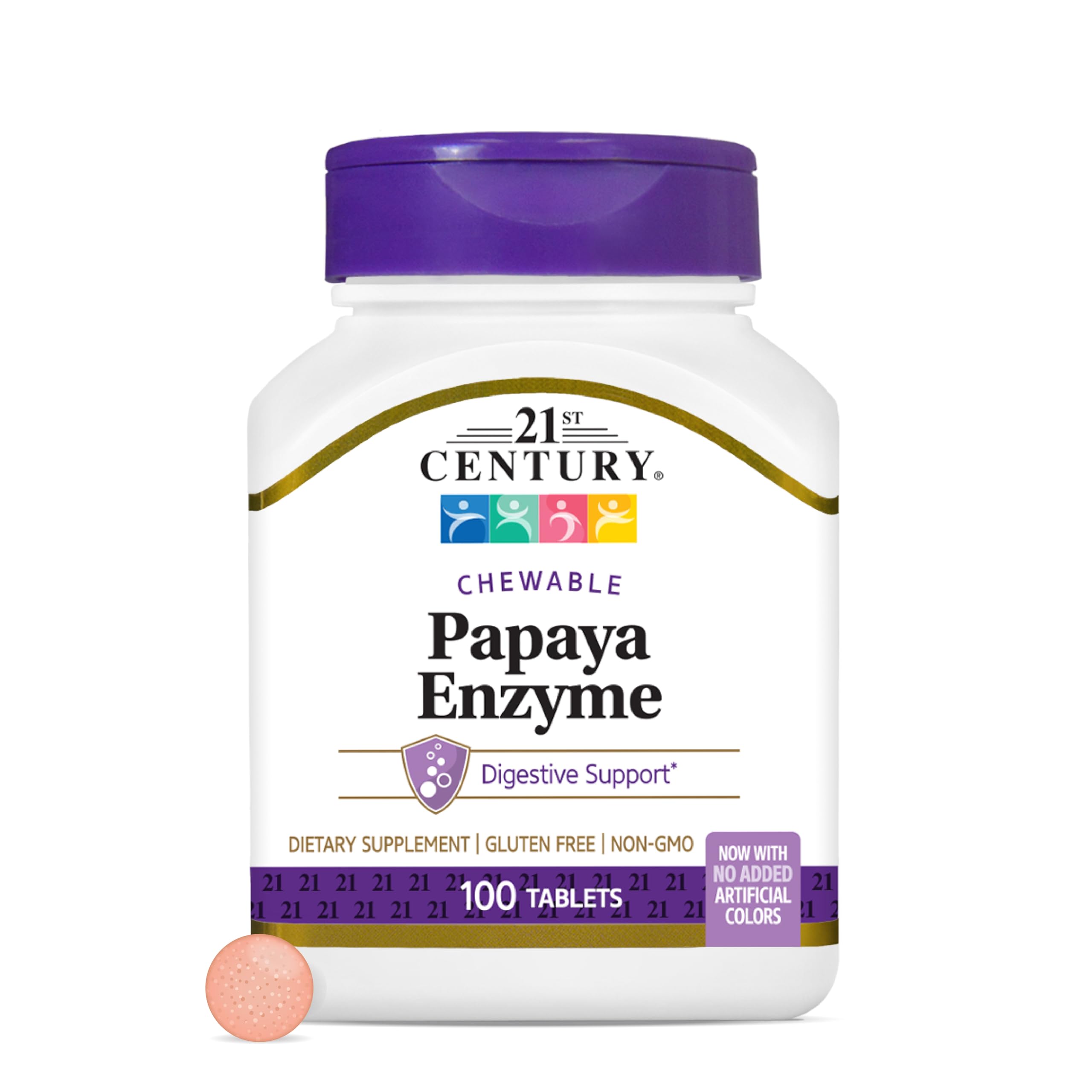 21st Century Papaya Enzyme Chewable (100 Count), Papaya & Pineapple Digestive Enzymes for Gut Health, Tropical Flavor, Non-GMO, Gluten-Free, No Added Salt, Artificial Flavors (Pack of 2)