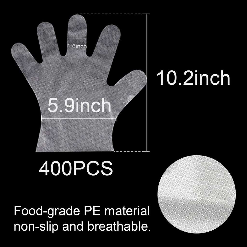 400 Count Disposable Plastic Gloves, Food Safe, Latex-Free & Powder-Free – Waterproof Clear Poly Gloves for Cooking, Cleaning, Food Prep, Pet Care & Household Use, One Size Fits Most House Clean.